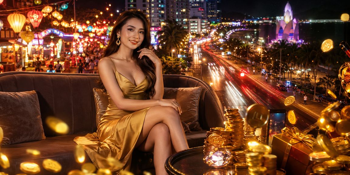 Người dùng đăng ký tài khoản và nhận thưởng tại chợ đêm Nha Trang với không khí biển sôi động